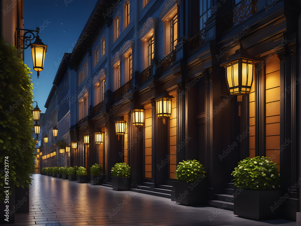 Fototapeta premium Architectural Elegance: City Facades' Intricate Patterns Illuminated by Night Lanterns. generative AI
