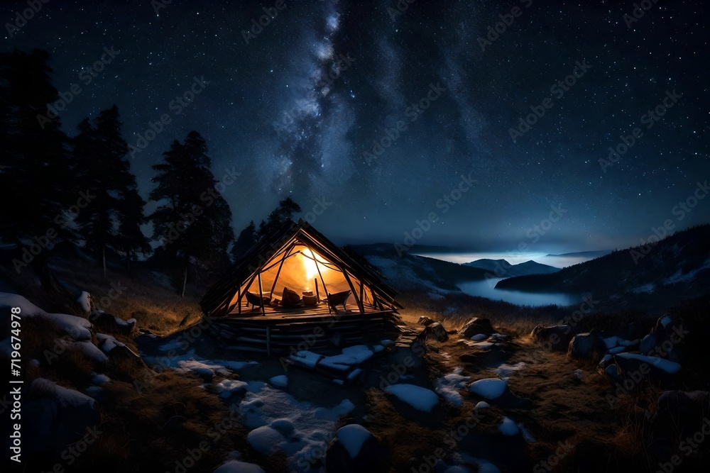 Night's calm descending on a hut on top of a majestically beautiful hill, with twinkling stars overhead and the glow from a campfire nearby.