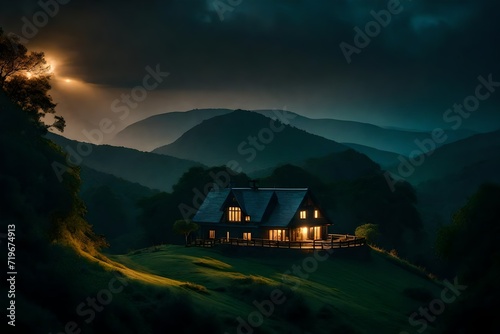 Nightfall over a cottage on top of a majestically beautiful hill, where the dwelling's lights cast a homely glow amidst the enveloping darkness of nature