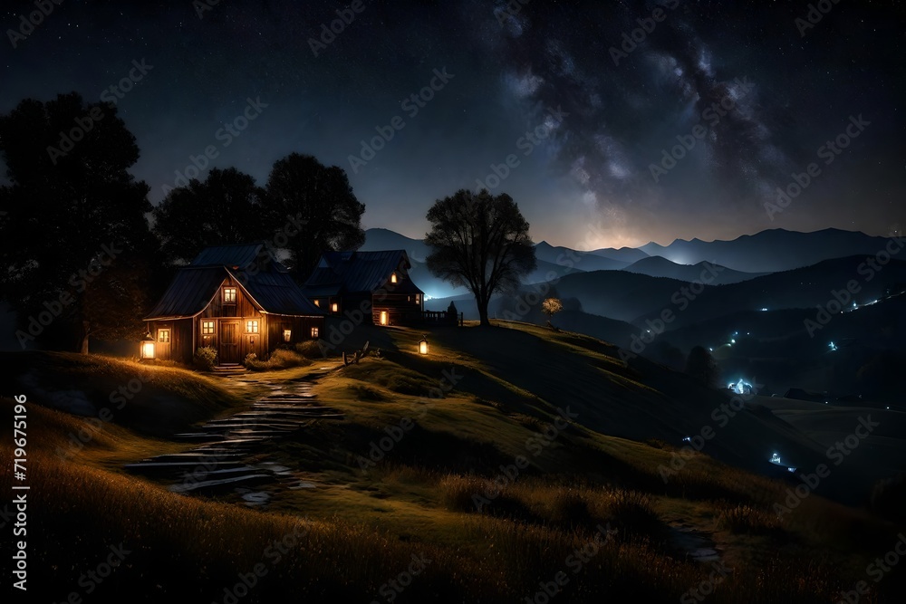 Nighttime at a farmhouse on top of a majestically beautiful hill, where the soft glow of lanterns lights up pathways and barns, and stars twinkle above.