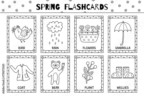 Spring flashcards black and white collection for kids. Flash cards set with cute characters in outline for coloring. Learning to read activity for children. Vector illustration photo
