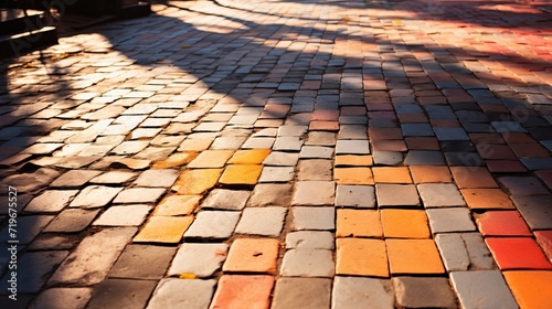 Colorful mosaic city street pavement  vibrant sunlight shadows and intricate patterns