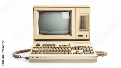 Outdated yellowed system unit of a personal computer. White isolate