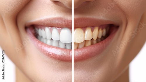 Close up dental whitening transformation before and after, radiant smile evolution