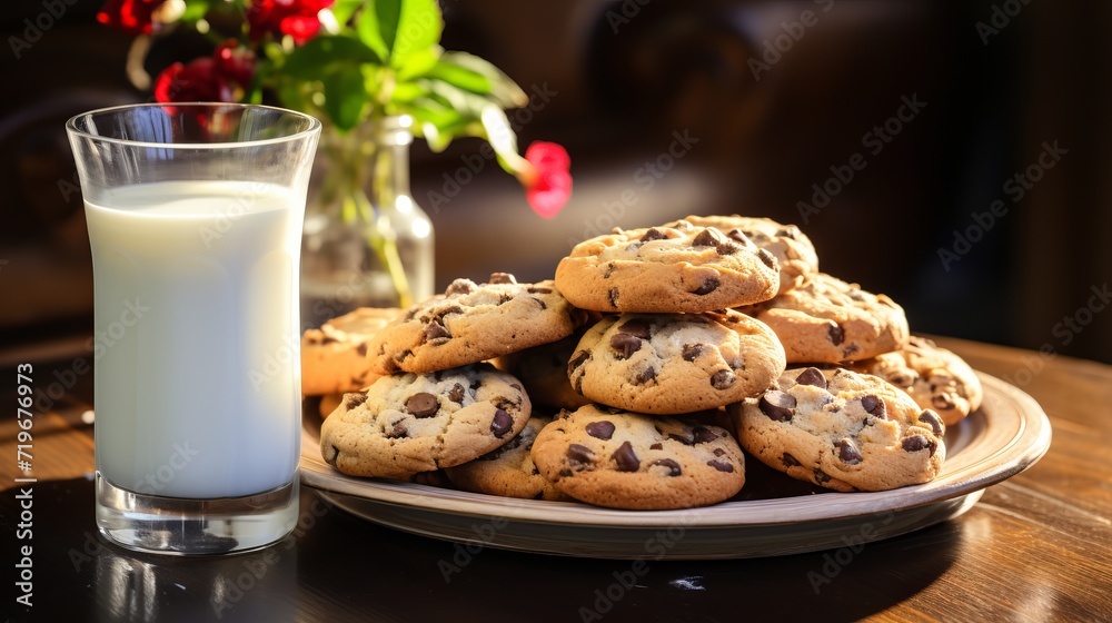 Freshly baked chocolate chip cookies on tray with milk, perfect treat for indulgence. Freshly baked chocolate chip cookies on tray with milk, perfect treat for indulgence.