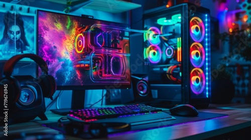 Water Cooled Gaming Pc with RGB rainbow LED lighting. Modern gaming computer with a keyboard in a dark room. Water Liquid Cooling Computer