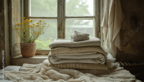 on a window sill, in the style of luxurious fabrics, dusty piles