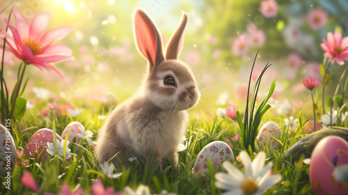 Cute bunny in the flower field with colored Easter eggs around. springtime holiday theme photography