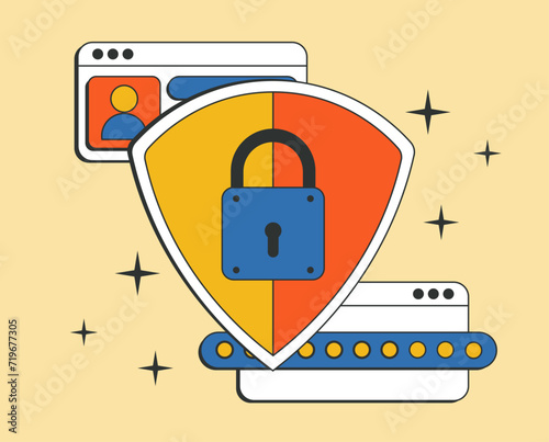 Login form and shield with lock on it. A system that requires a password for access. Cyber security and data protection privacy. Vector illustration