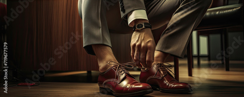 Man tying shoe laces on new leather shoes. photo