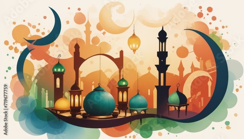 mosque landscape or mosque ramadhan. Ramadan atmosphere or ornament mosque. mosque element. pattern with mosque. islamic mosque in the night, calligraphy of mosque