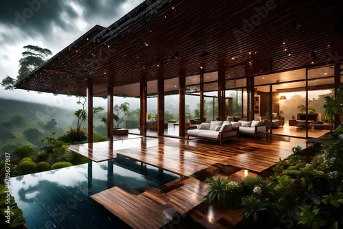 Rain showers creating a serene spectacle around a villa on top of a majestically beautiful hill  with droplets glistening on vast verandas and vibrant flora.