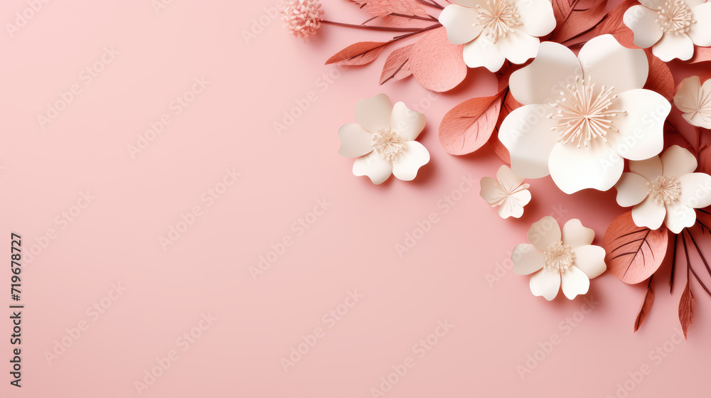 paper flowers on pastel pink background with copy space