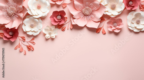 paper flowers on pastel pink background with copy space