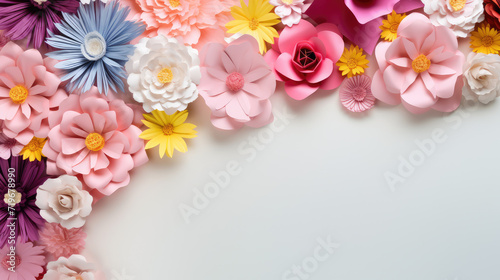 paper flowers on grey color background with copy space