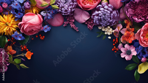 scattered spring flowers on dark blue color background, top view with copy space photo