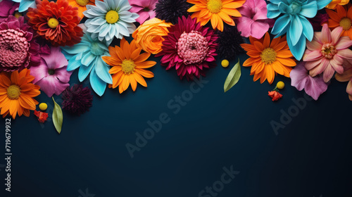 spring flowers on dark blue color with copy space #719679932
