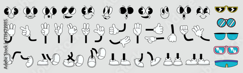 Set of 70s groovy comic vector. Collection of cartoon character faces in different emotions, hand, glove, glasses, shoes. Cute retro groovy hippie illustration for decorative, sticker