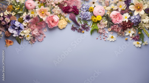 spring flowers on blue color with copy space