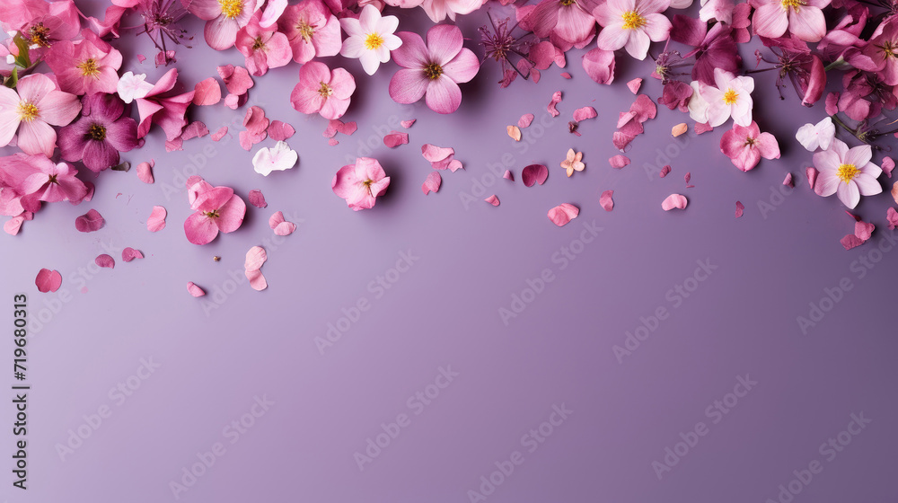 spring flowers on purple color with copy space, top view