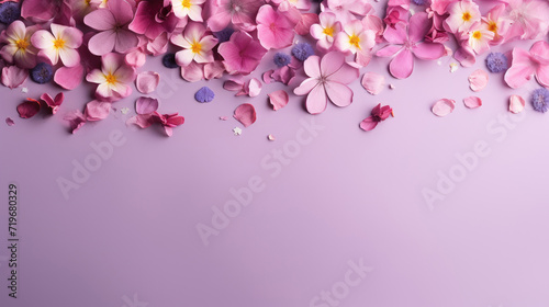 spring flowers on purple color with copy space, top view