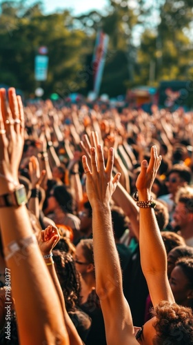 A crowd of people at a music festival with their hands up. Generative AI.