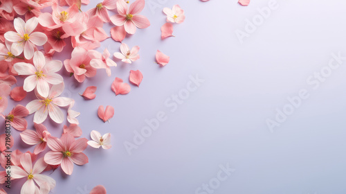spring flowers on blue color with copy space, top view