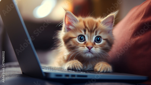 Cute domestic cat and a open laptop © enshal