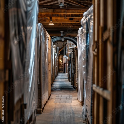 A long hallway with many boxes and wooden beams. Generative AI.