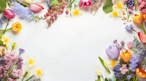 spring flowers pattern on white pastel color background with copy space