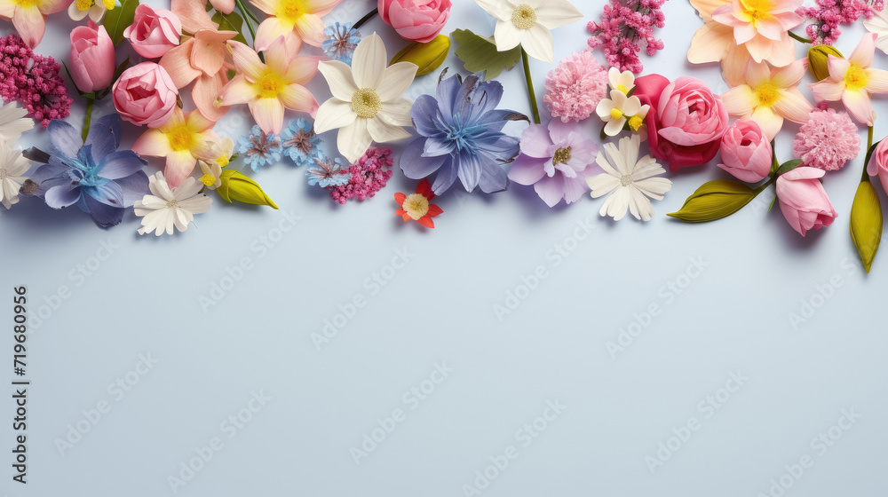 spring flowers pattern on blue pastel color background with copy space spring flowers pattern on blue pastel color background with copy space