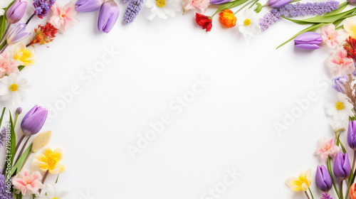 spring flowers on white background top view with copy space.