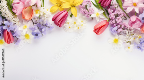 spring flowers on white background top view with copy space.