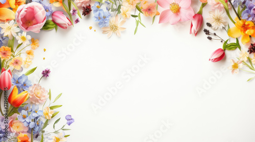 spring flowers on white background top view with copy space.