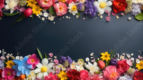 spring flowers frame on dark black background top view © vrozhko