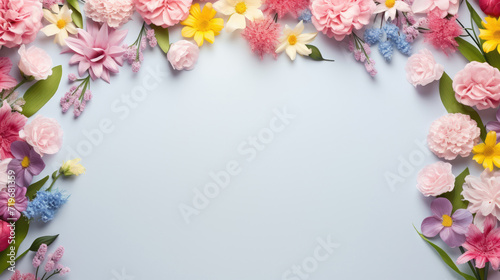 spring flowers on a blue background, top view with copy space