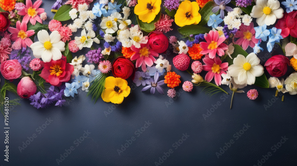 spring flowers frame on dark black background top view