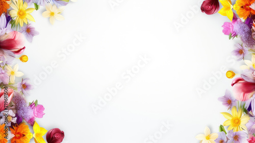 spring flowers on white background top view with copy space.