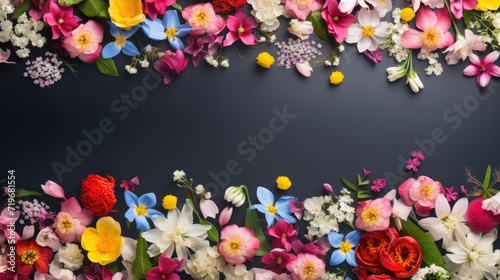 spring flowers frame on dark black background top view