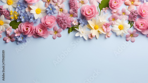 spring flowers on a blue background, top view with copy space