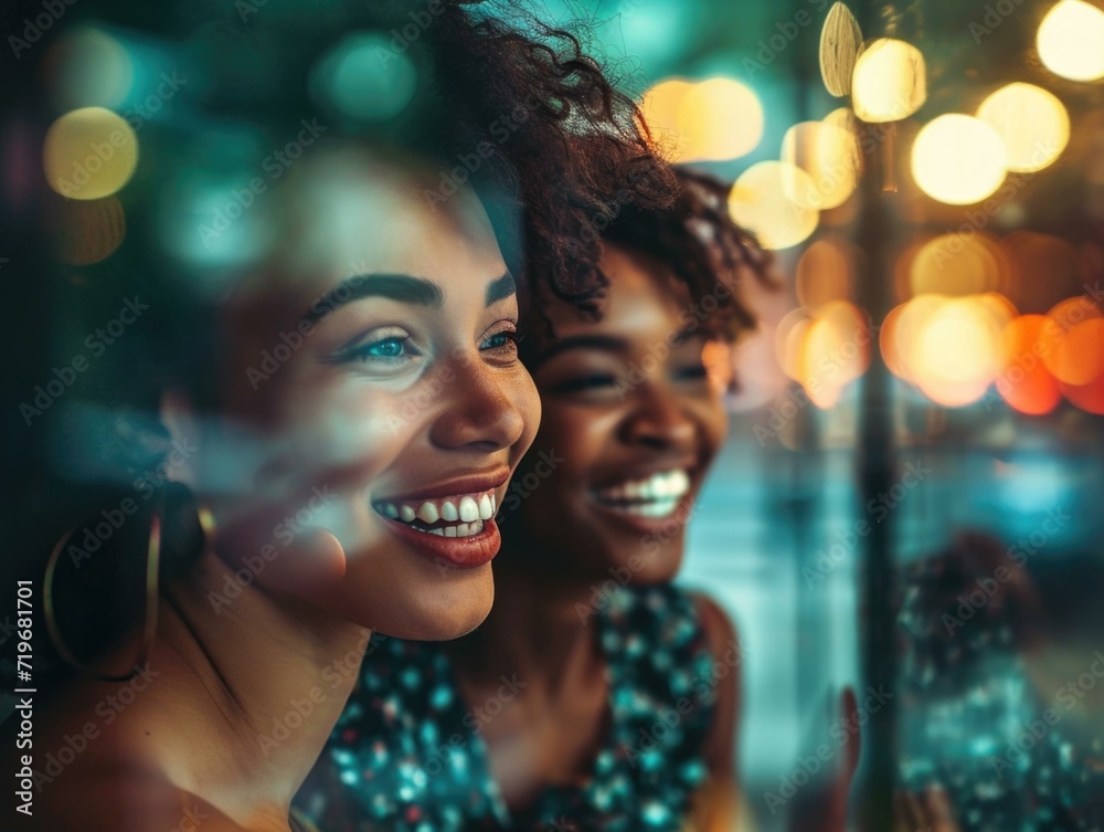 Two women smiling in front of a window. Generative AI. Two women smiling in front of a window. Generative AI.