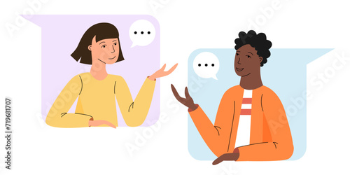 Young smiling and talking people, concept of virtual video conference remote workers or students on computer screen. Online call, chat, meeting. Vector flat illustration 