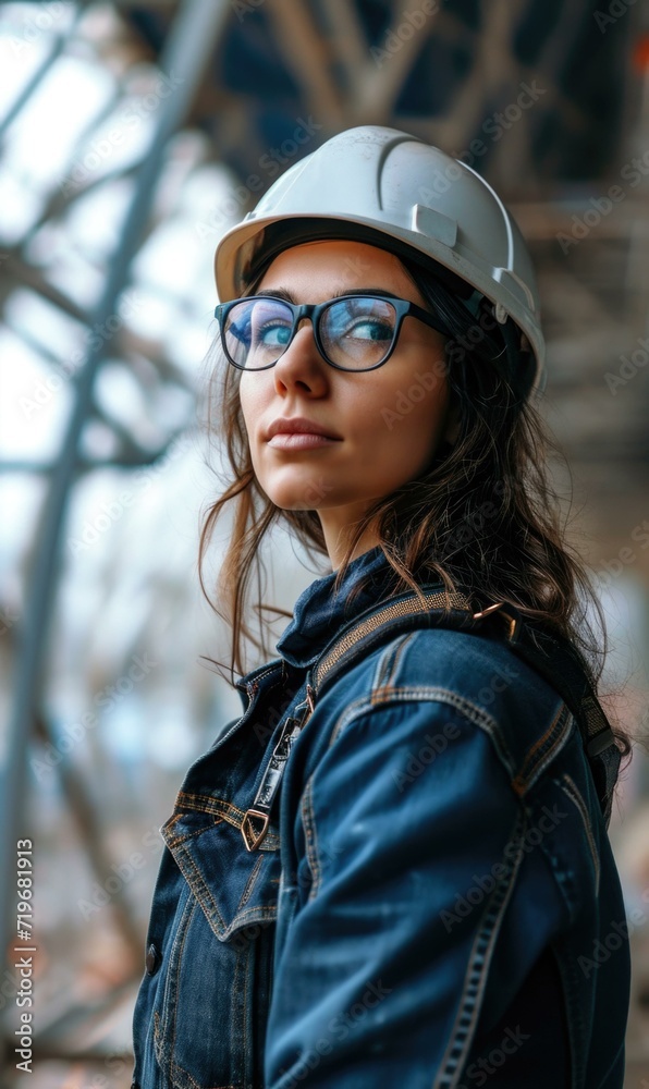 Portrait of female engineer in hard hat and glasses. Generative AI. Portrait of female engineer in hard hat and glasses. Generative AI.