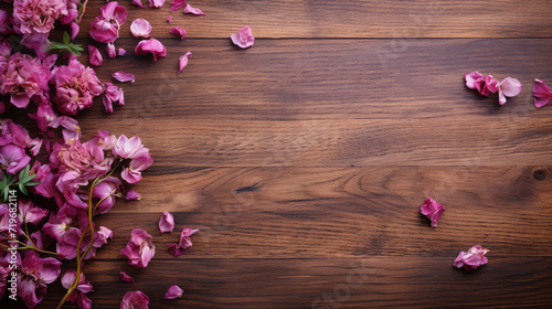 flowers and scattered petals on old rustic wooden table texture, top view copy space