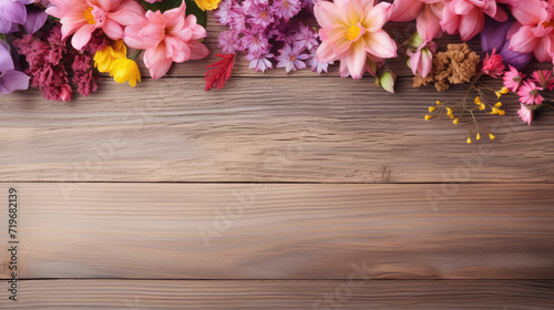 spring flowers on old rustic wooden table texture, top view copy space