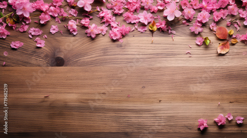 flowers and scattered petals on old rustic wooden table texture  top view copy space