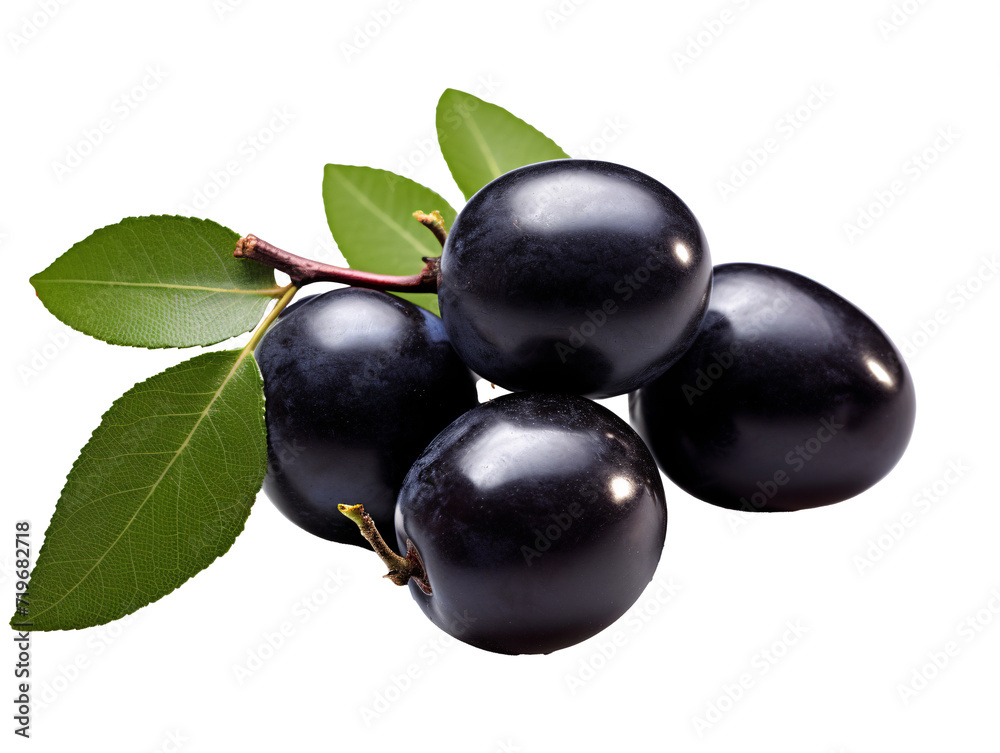 a pile of black berries with green leaves