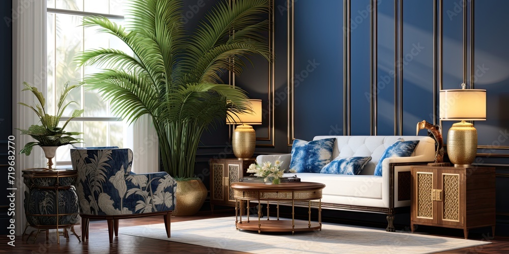 Obraz na płótnie British colonial living room with a interior, featuring a modern classic armchair, antique sino-portuguese cabinet, luxury marble side table, areca palm, and golden lamp. The wall is cobalt blue and w salonie