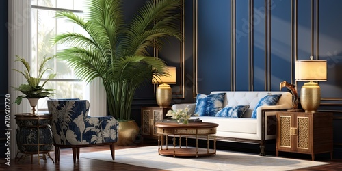 British colonial living room with a interior, featuring a modern classic armchair, antique sino-portuguese cabinet, luxury marble side table, areca palm, and golden lamp. The wall is cobalt blue and photo