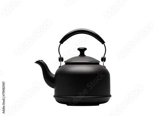 a silver tea kettle with black handle